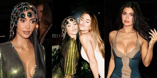 Kim Kardashian z DEKOLTEM DO PĘPKA i czepkiem z kryształami celebruje 46. urodziny ze sławnymi siostrami. Petardy? (ZDJĘCIA)