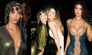 Kim Kardashian z DEKOLTEM DO PĘPKA i czepkiem z kryształami celebruje 46. urodziny ze sławnymi siostrami. Petardy? (ZDJĘCIA)