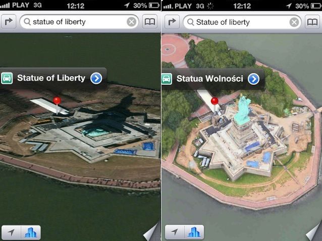 Statua Wolności w Mapach Apple'a - przed i po aktualizacji