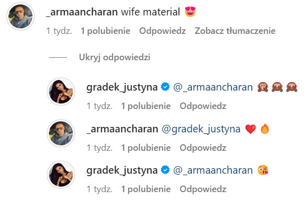 Wymiana komentarzy między Justyną Gradek a Armaanem Charanem