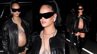 Rockowa Rihanna eksponuje ciążowy brzuch w staniku, skórzanej kurtce i wysokich kozakach (ZDJĘCIA)