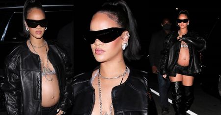 Rockowa Rihanna eksponuje ciążowy brzuch w staniku, skórzanej kurtce i wysokich kozakach (ZDJĘCIA)