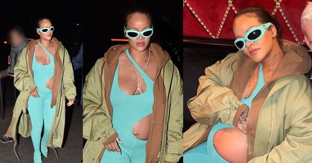 Stylowa Rihanna paraduje w Paryżu z POKAŹNYM CIĄŻOWYM BRZUSZKIEM wystającym spod obcisłego kombinezonu (ZDJĘCIA)