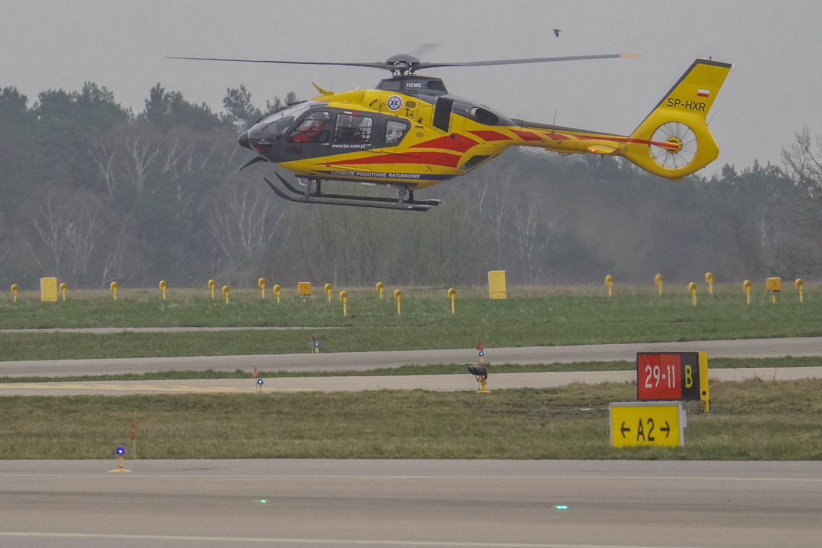An air ambulance (LPR) Eurocopter helicopter is being seen at Lech Walesa Airport (EPGD) in Gdansk, Poland, on April 1, 2024. (Photo by Michal Fludra/NurPhoto via Getty Images)
