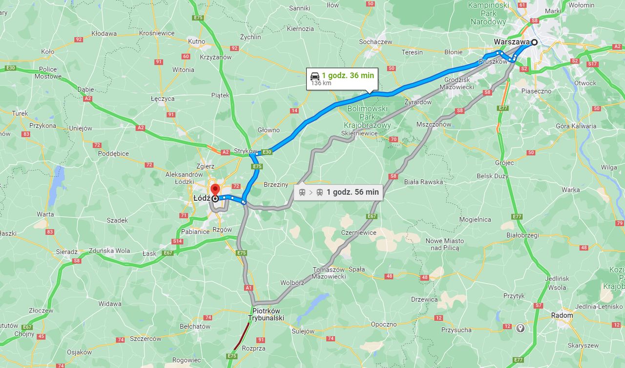 Przykładowa trasa w Google Maps