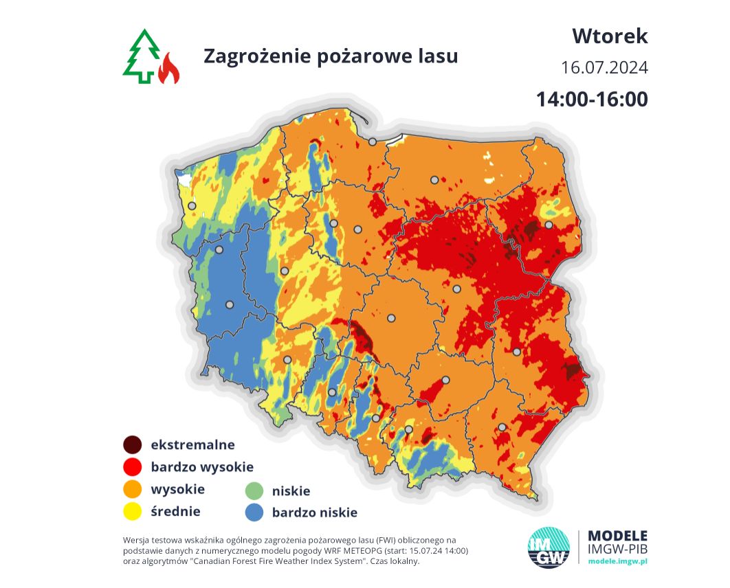 Mapka pokazuje zagrożenie pożarowe w lasach