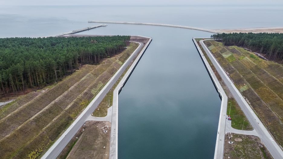 Aerial drone view of the newly build waterway connecting the Vistula Lagoon with the Gulf of Gdansk (Przekop Mierzei Wislanej) is seen in Nowy Swiat on 10 September 2022 Controversial The Vistula Spit canal is a canal across the Polish section of the Vistula Spit that will create a second connection between the Vistula Lagoon and Gdansk Bay. Official oppening by the pOlish government is planned on 17th Sept. in the Soviet Union agression on Poland in 1939 anniversary. (Photo by Michal Fludra/NurPhoto via Getty Images)