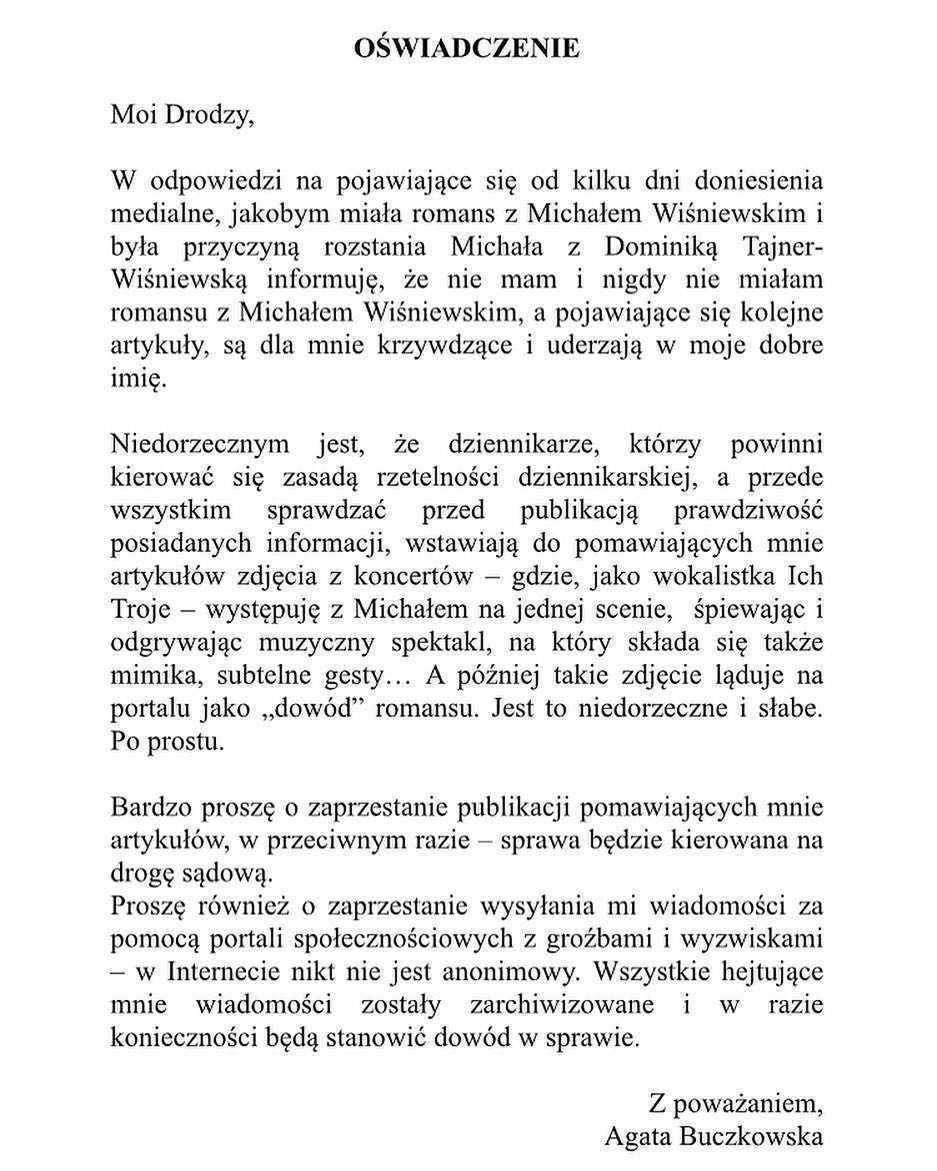 Oświadczenie Agaty Buczkowskiej