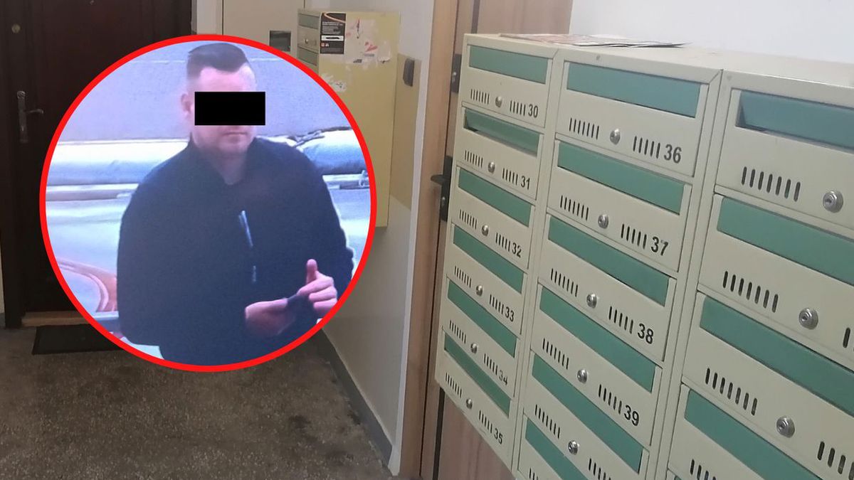 Maciej B. oraz drzwi mieszkania, w którym zginęła pani Maria