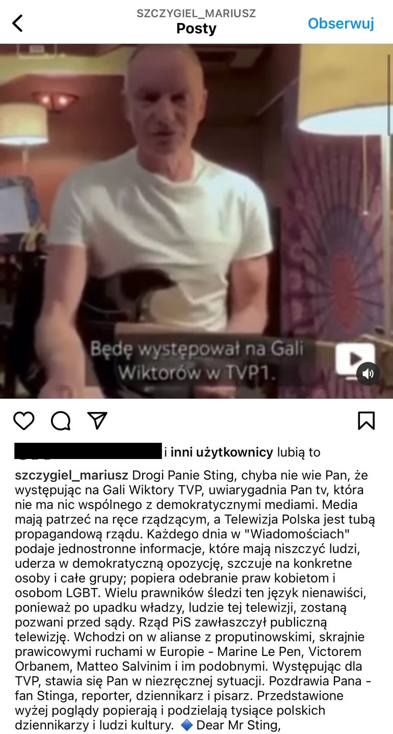Polscy dziennikarze i osoby publiczne postanowiły zaapelować do Stinga, by nie występował na gali Wiktorów
