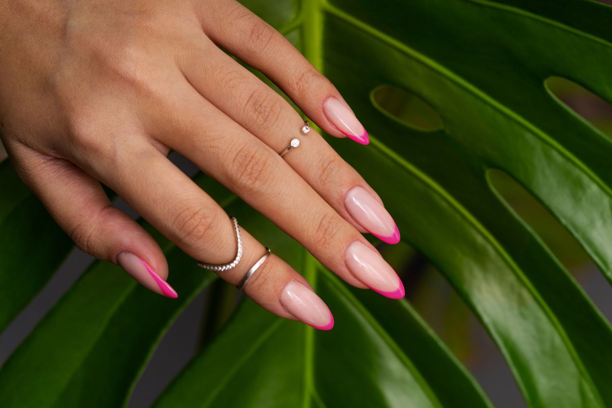 Colorful french manicure on the nails.