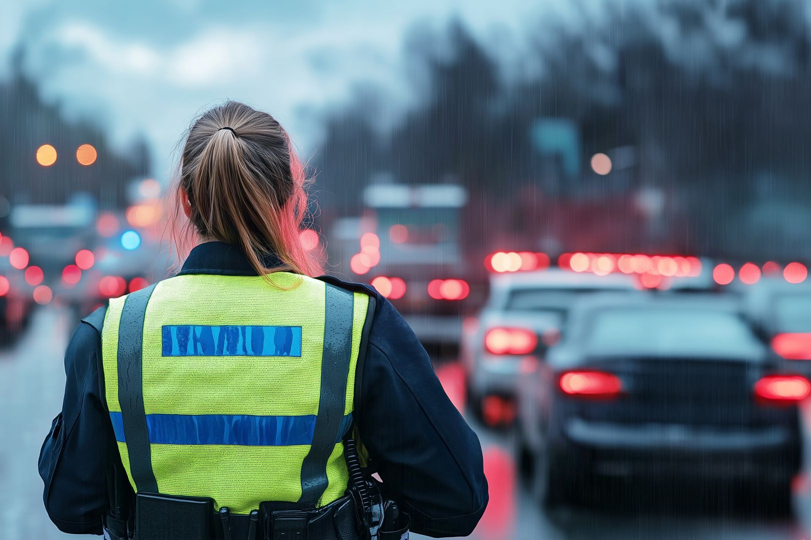 traffic police, woman, reflective vest, selected focus, copy space, road safety, evening, police officer, directing traffic, cars, headlights, law enforcement, back view, patrol, road, protection, public safety, traffic control, highway, police presence, urban, safety measures