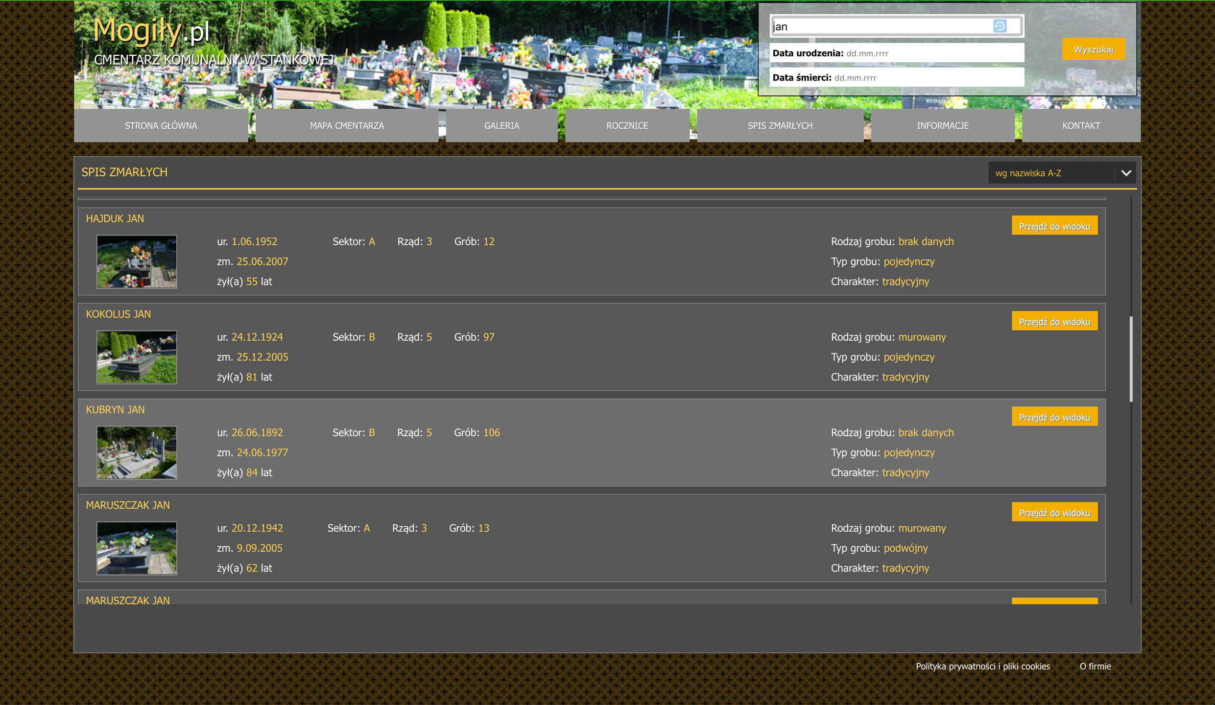 wyniki wyszukiwania na Mogiły.pl