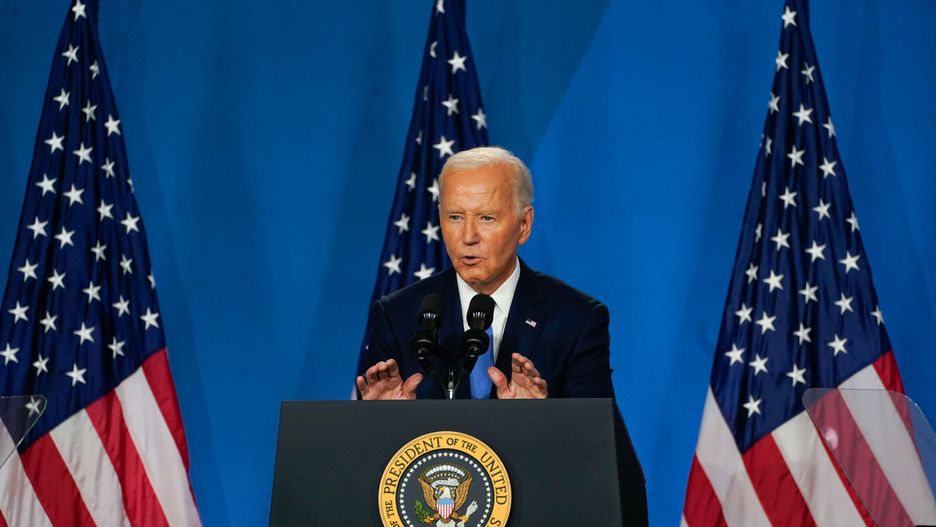 Washington , DC - July 11: President Joe Biden speaks during a press conference at the Walter E. Washington Convention Center during NATO's 75th anniversary summit in Washington, DC, on Thursday, July 11, 2024. 

(Photo by Demetrius Freeman/The Washington Post via Getty Images)