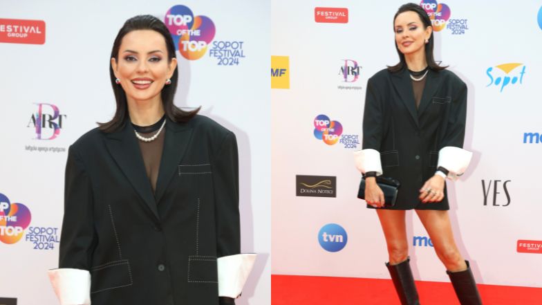 Dorota Gardias pozuje na ściance w samej marynarce