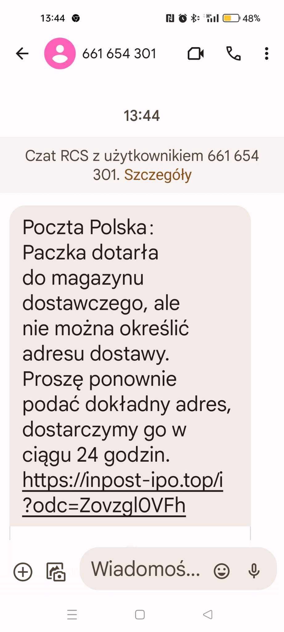 Fałszywa wiadomość "od Poczty Polskiej"