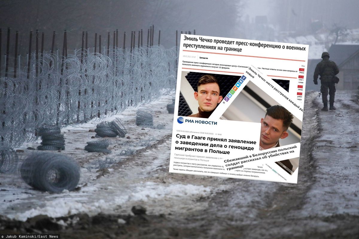 Budowa zapory na granicy polsko-białoruskiej i fotomontaż nagłówków z Emilem Czeczko (Jakub Kaminski/East News/Twitter/Stanisław Żaryn)