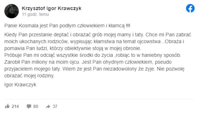 Wpis syna Krzysztofa Krawczyka na Facebooku