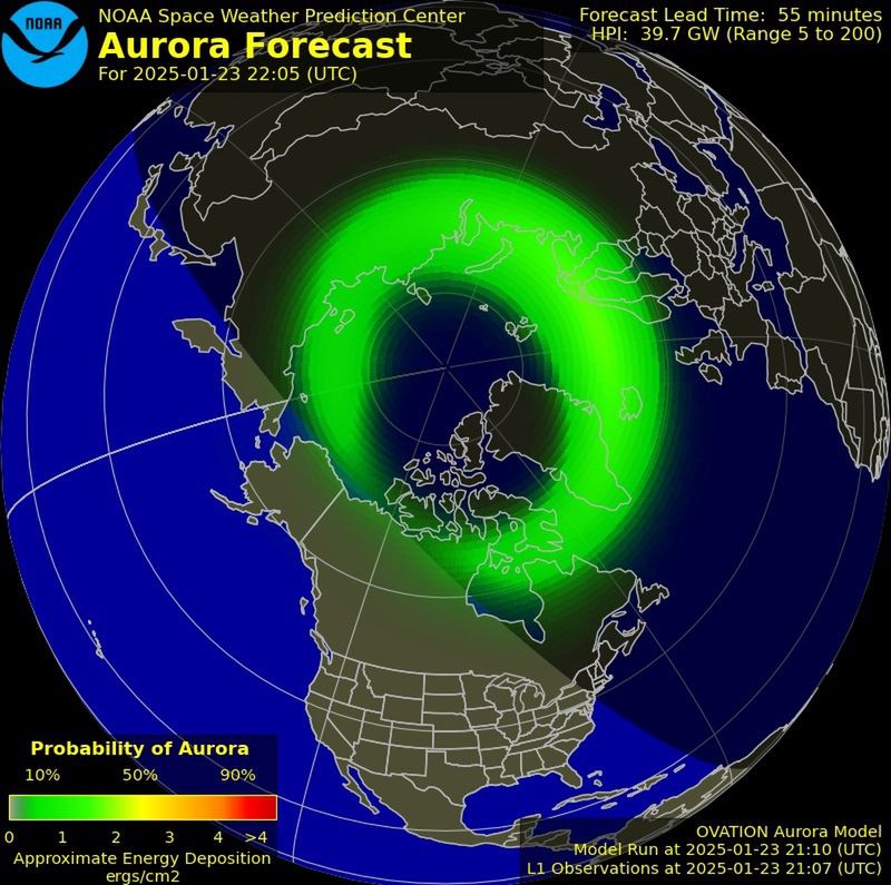 Prognoza występowania zorzy polarnej 23 stycznia (NOAA)