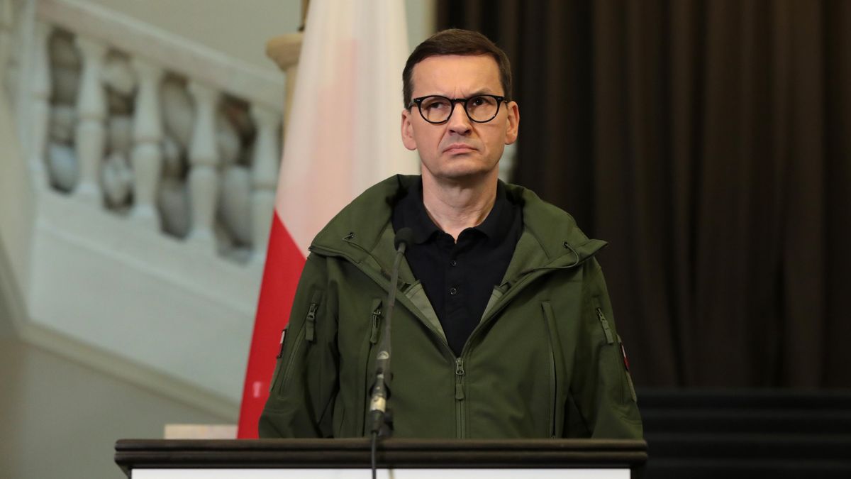 KYIV, UKRAINE - JUNE 01, 2022 - PM of Poland Mateusz Morawiecki is pictured during a joint briefing with the Ukrainian Prime Minister Denys Shmyhal, Kyiv, capital of Ukraine. This photo cannot be distributed in the russian federation. (Photo credit should read Hennadii Minchenko/ Ukrinform/Future Publishing via Getty Images)