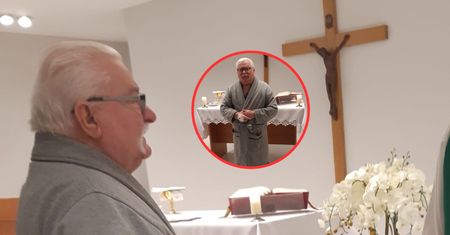 Nie opuścił mszy. Lech Wałęsa pozuje w szpitalnej kaplicy