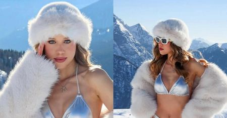 Odziana w białe futerko i srebrne bikini Maria Jeleniewska pręży się we włoskich Alpach (FOTO)