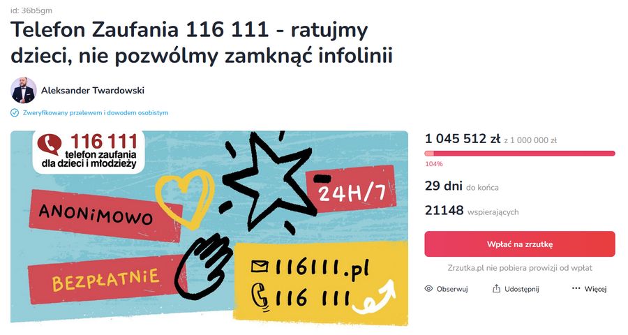 Milion złotych na telefon zaufania dla dzieci i młodzieży, 116 111