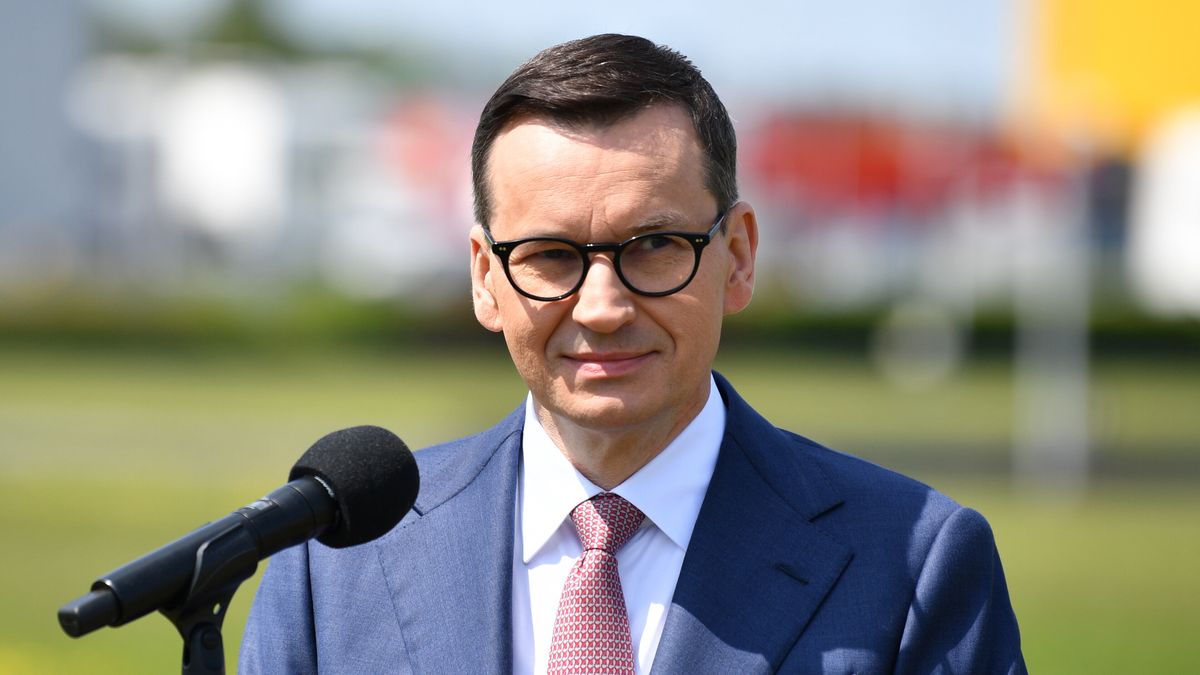 Radom, 29.05.2023. Premier Mateusz Morawiecki podczas konferencji prasowej w Centrum Informatyki Resortu Finansów w Radomiu, 29 bm. (amb) PAP/Piotr Polak