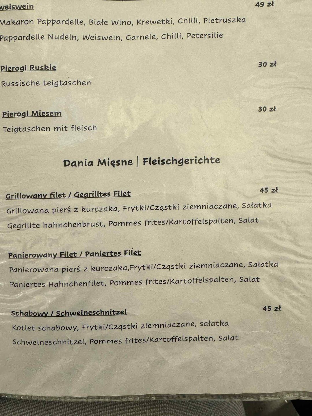 Menu restauracji przy plaży