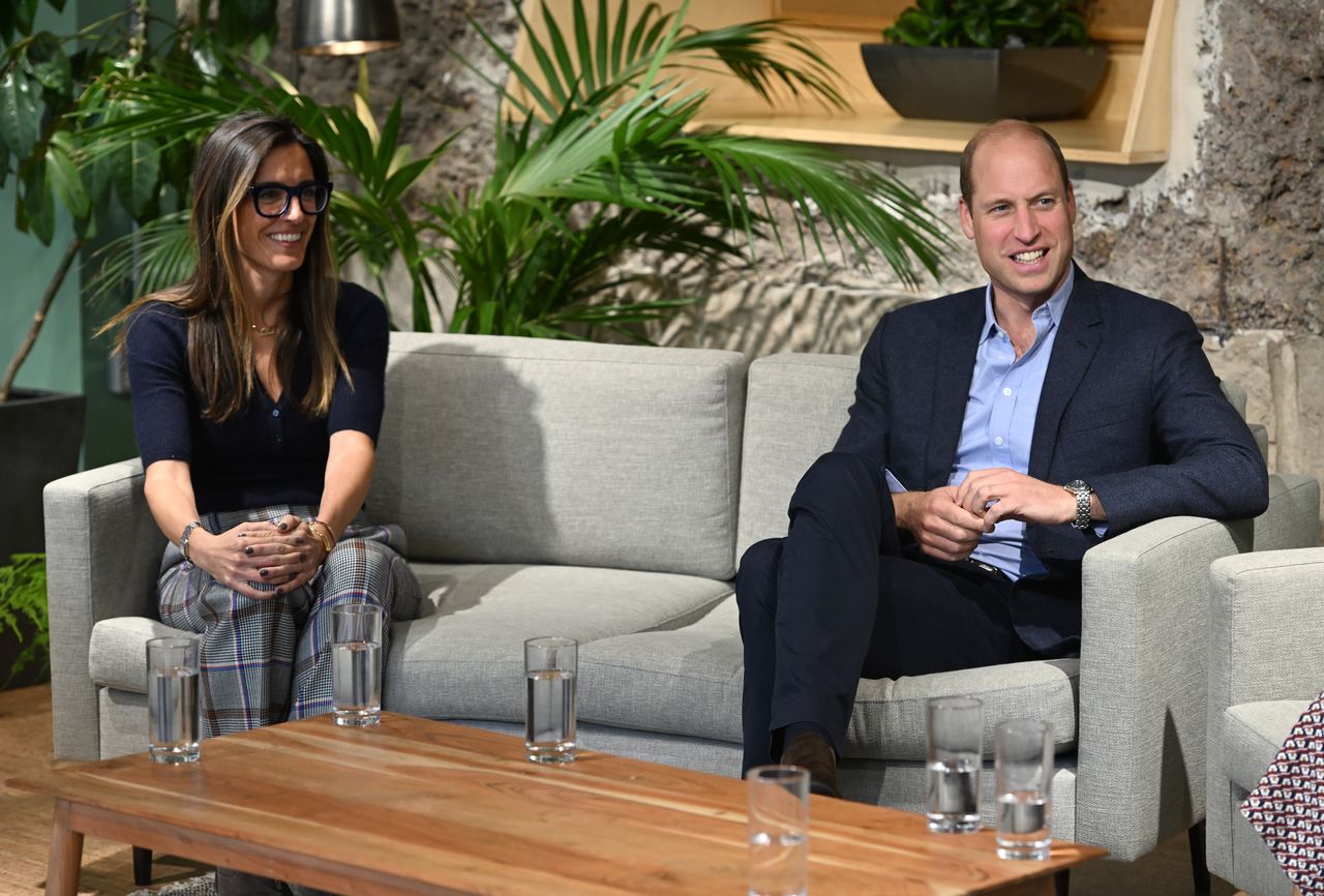 LONDON, ENGLAND - OCTOBER 05: Prince William, Prince of Wales (R) smiles as he joins a discussion with a range of startups focused on their scaling up journey during a visit to Sustainable Ventures on October 05, 2023 in London, England. The Prince of Wales is visiting Europe's largest climate tech hub to learn about their efforts to support smaller businesses in scaling up.  (Photo by Kate Green/Getty Images)