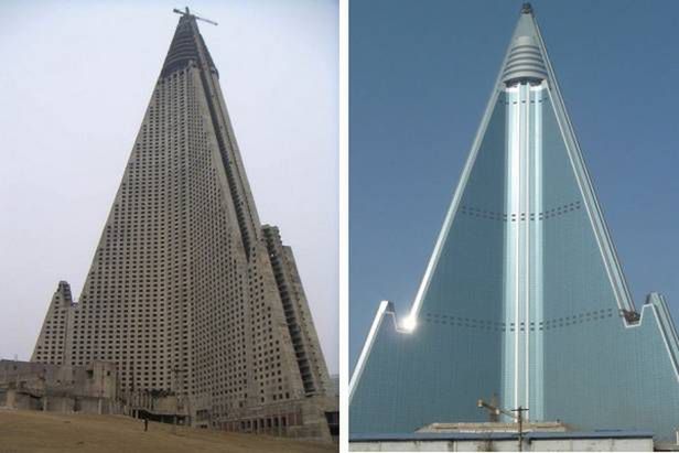 Ryugyong Hotel - porównanie postępów budowy (Fot. UrbanGhostsMedia.com)