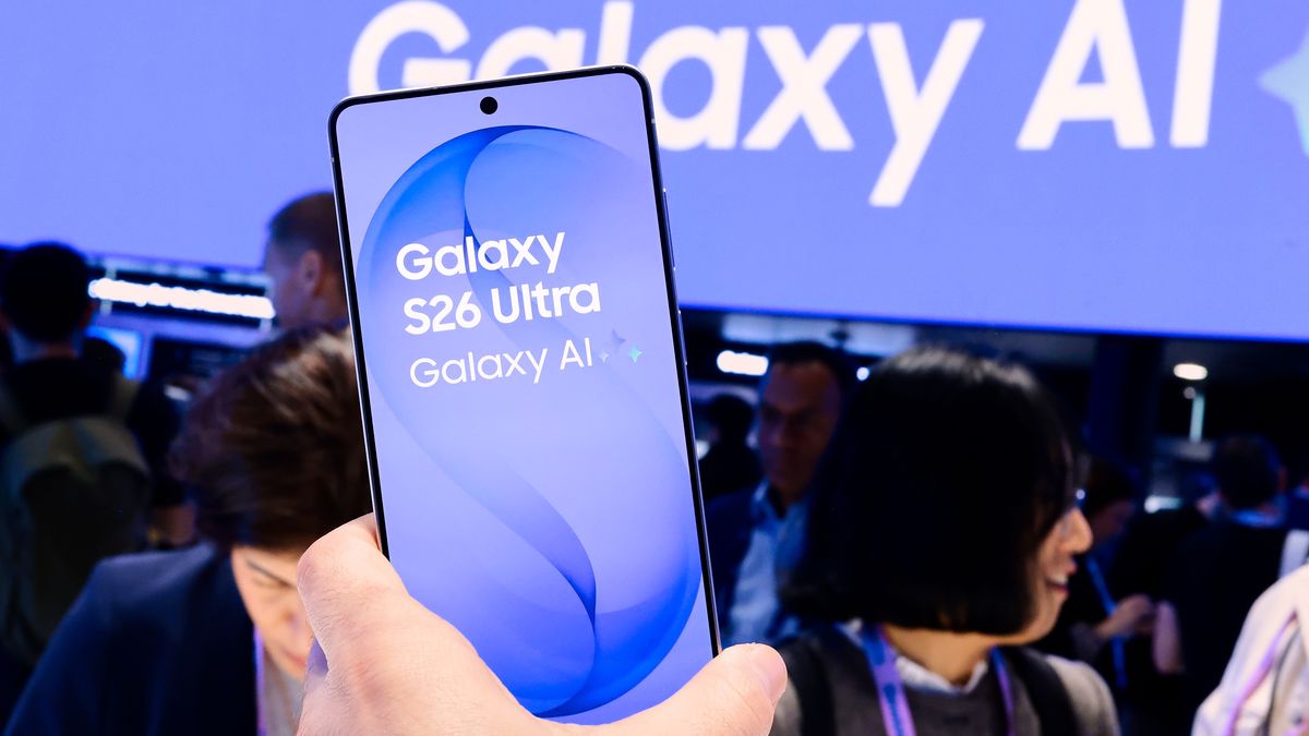 The Samsung Galaxy S26 Ultra, the flagship high-end Android smartphone by the South Korean company Samsung Electronics, features the Snapdragon 8 Gen 5 for Galaxy processor and a 200-megapixel main camera sensor with enhanced ProVisual Engine capabilities. It is exhibited with the Galaxy AI logo displayed on the background screen during the Mobile World Congress (MWC) in Barcelona, Spain, on March 4, 2026. (Photo by Joan Cros/NurPhoto via Getty Images)