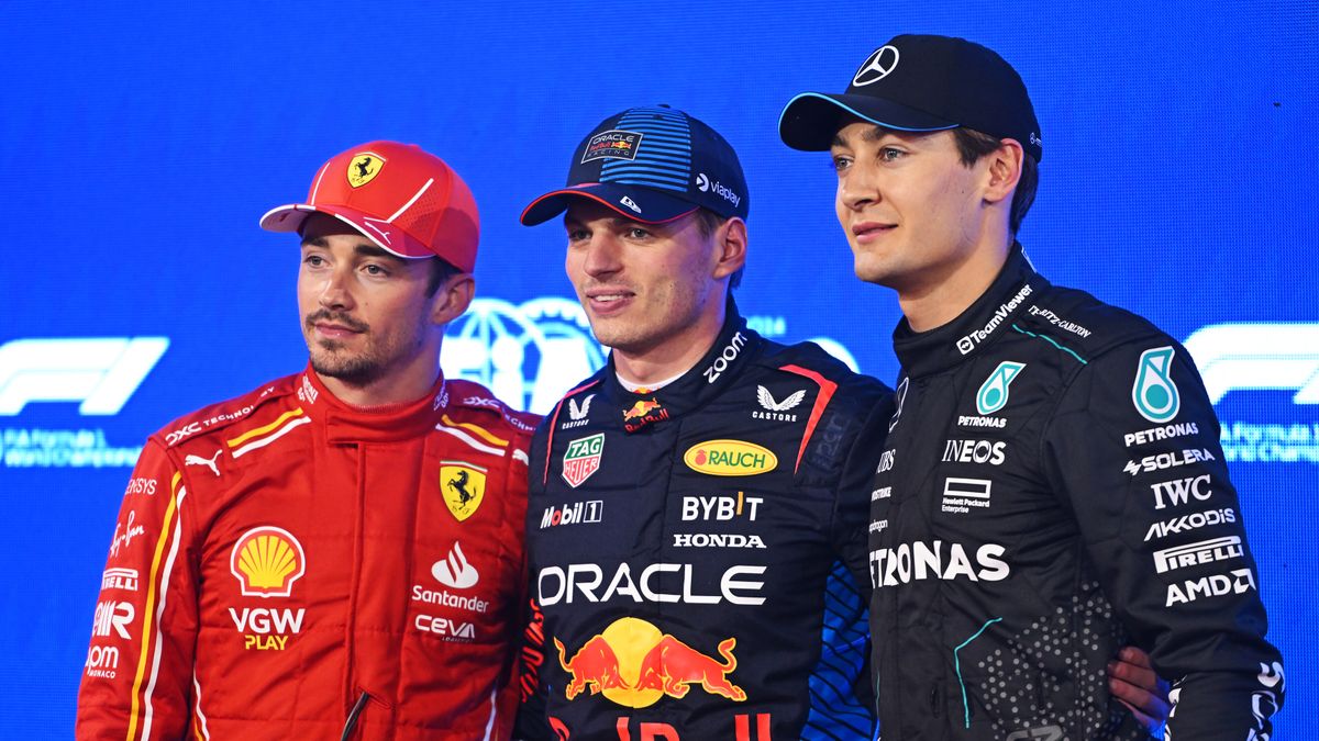 od lewej Charles Leclerc, Max Verstappen i George Russell