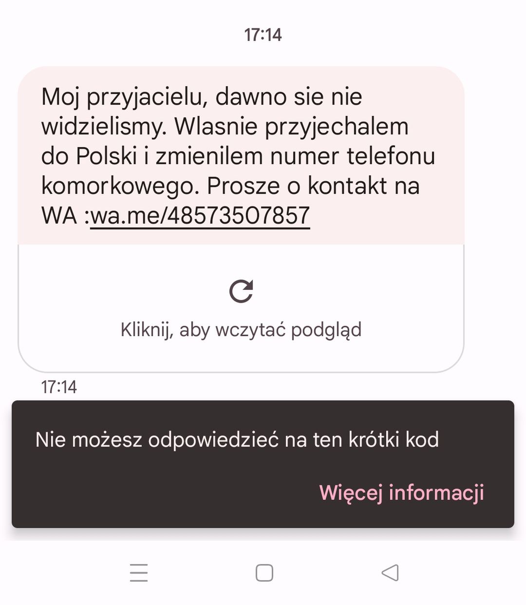 Fałszywy SMS zachęcający do kontaktu przez WhatsAppa
