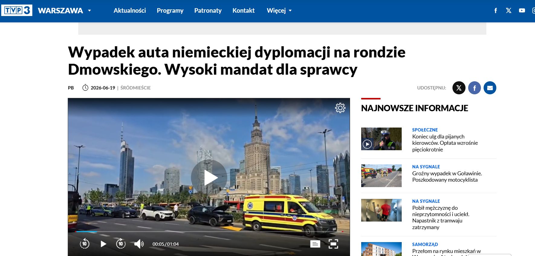 Artykuł o wypadku na portalu TVP3 Warszawa