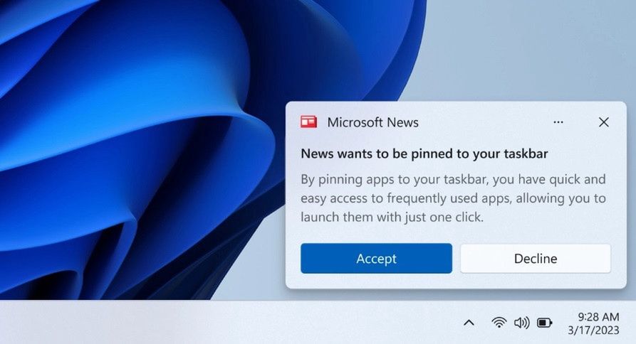 Komunikat o przypięciu aplikacji do paska zadań w Windows 11