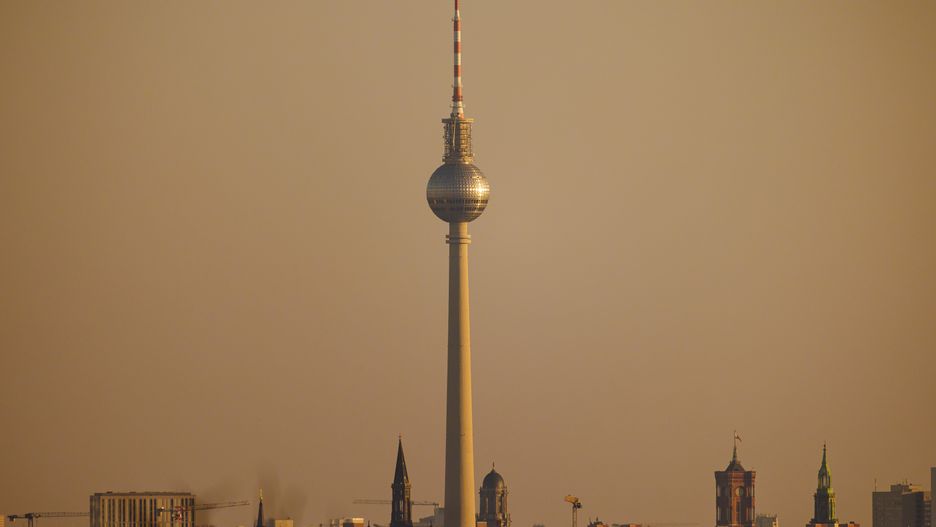 BERLIN, GERMANY - MARCH 13: View of the Berlin TV Tower in the evening light from the north on March 13, 2022 in Berlin, Germany. (Photo by Thomas Trutschel/Photothek via Getty Images)