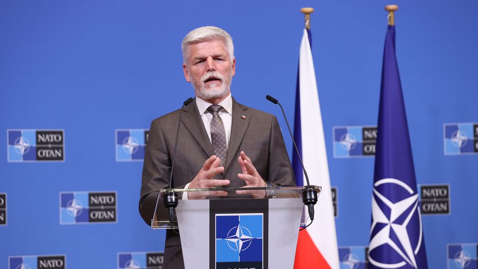 BRUSSELS, BELGIUM - APRIL 19: Czech President Petr Pavel and North Atlantic Treaty Organization (NATO) Secretary General Jens Stoltenberg (not seen) hold a joint press conference following their meeting at NATO Headquarters in Brussels, Belgium on April 19, 2023. (Photo by Dursun Aydemir/Anadolu Agency via Getty Images)