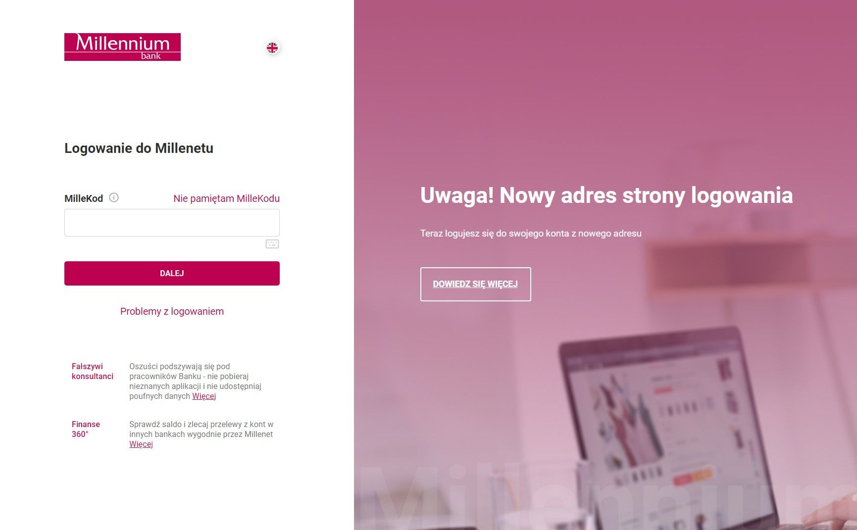Nowa strona logowania Banku Millennium