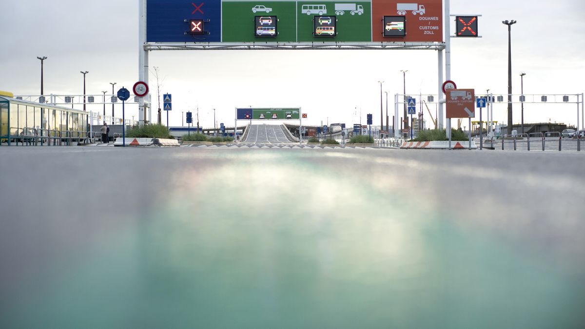 CALAIS, FRANCE - OCTOBER 17: A view of the new signs which will tell the drivers where they need to go whether they are cleared by French customs or not as trucks arrive from the United Kingdom at the Calais border Ferries arrival on October 17, 2019 in Calais, France. Today the British Prime Minister Boris Johnson and the President of the European Commission Jean-Claude Juncker agreed on a Brexit deal just before the European Summit held in Brussels. This deal has now to be approved by the European Council and by the British Parliament. A deadline for a Brexit deal is October 31st.   (Photo by Aurelien Meunier/Getty Images)