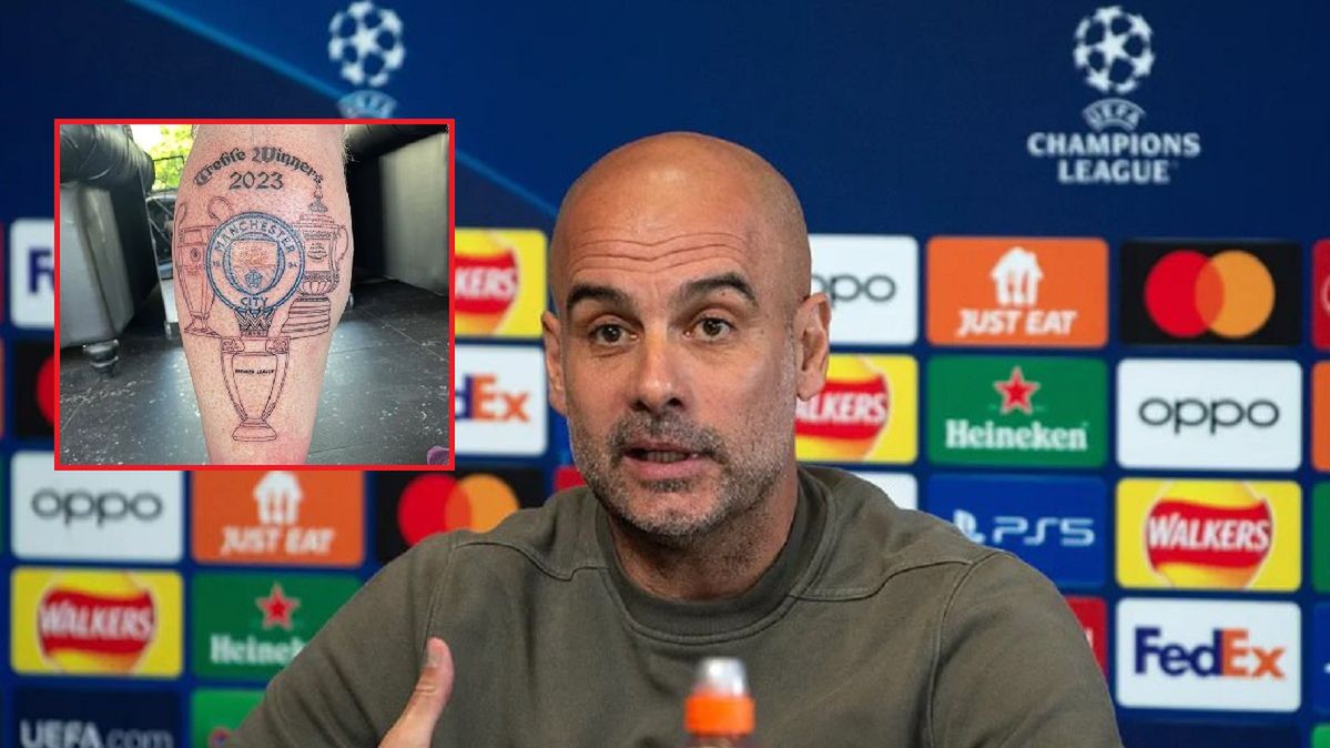 Na zdjęciu: trener Manchesteru City, w ramce tatuaż fana