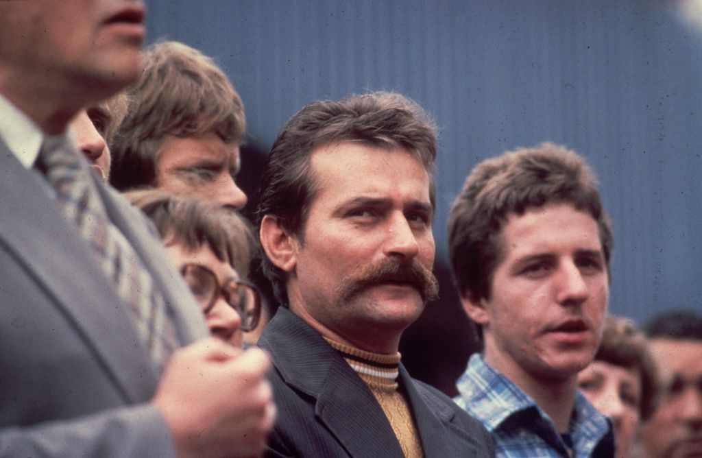 Lech WalesaAugust 1980:  Lech Walesa, leader of the Polish Trade Union, Solidarity, who are on strike at the Lenin Shipyard in Gdansk, where they are demanding a free trade union and improved pay and conditions.  (Photo by Keystone/Hulton Archive/Getty Images)Keystonecolour;format landscape;male;facial hair;Roles & Occupations;Per