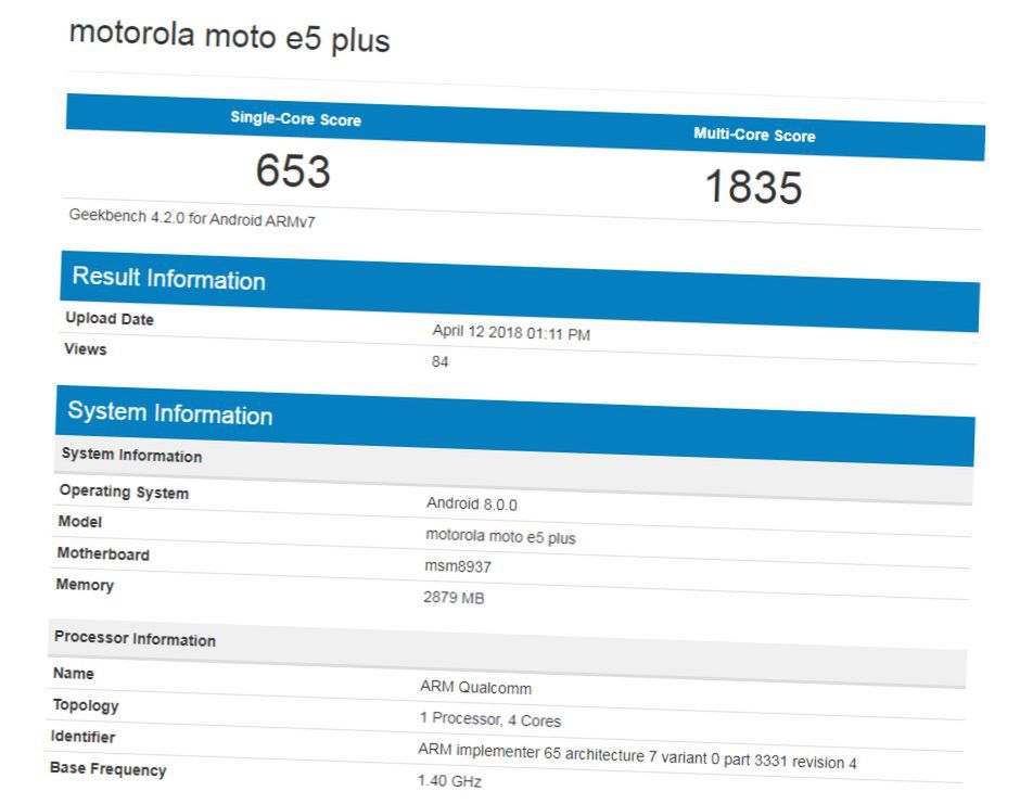 Motorola Moto E5 Plus w bazie Geekbench