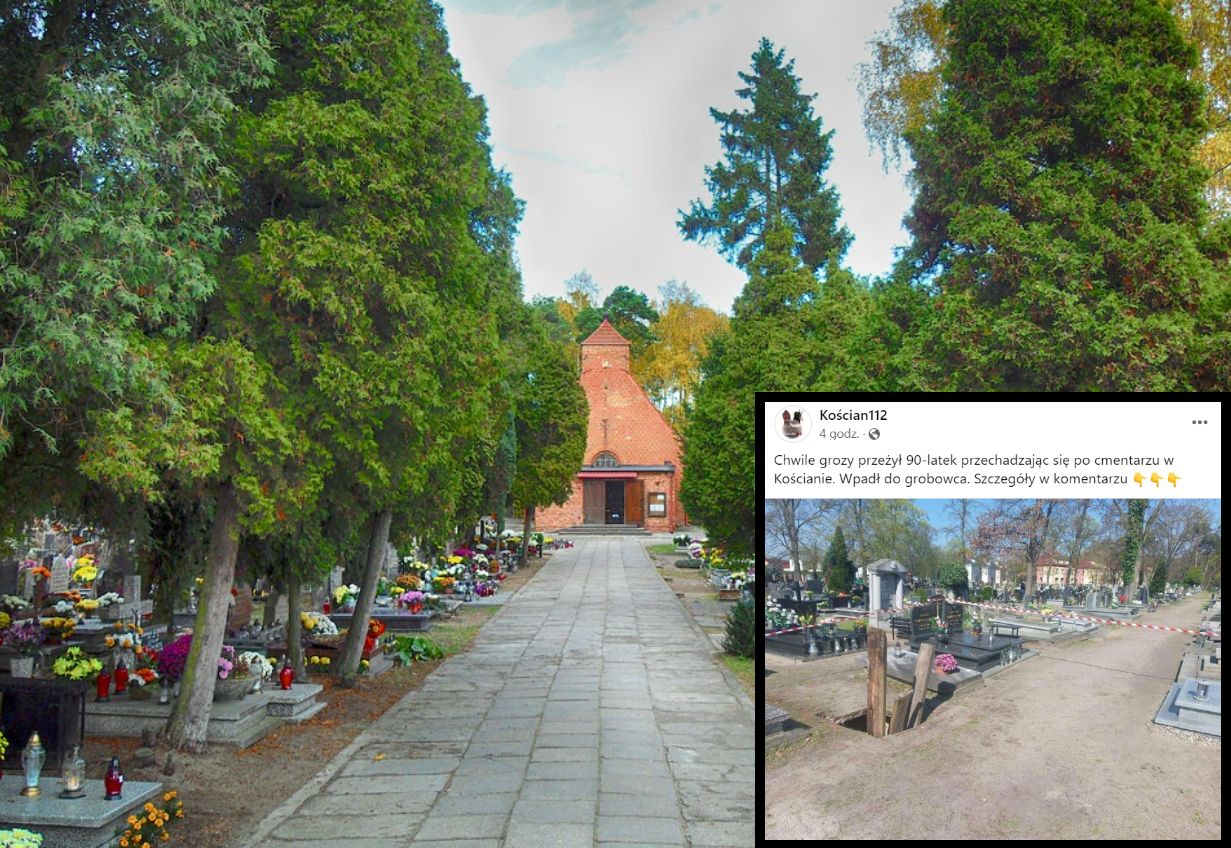 Groźny wypadek na cmentarzu w Kościanie. 90-latek wpadł do grobu