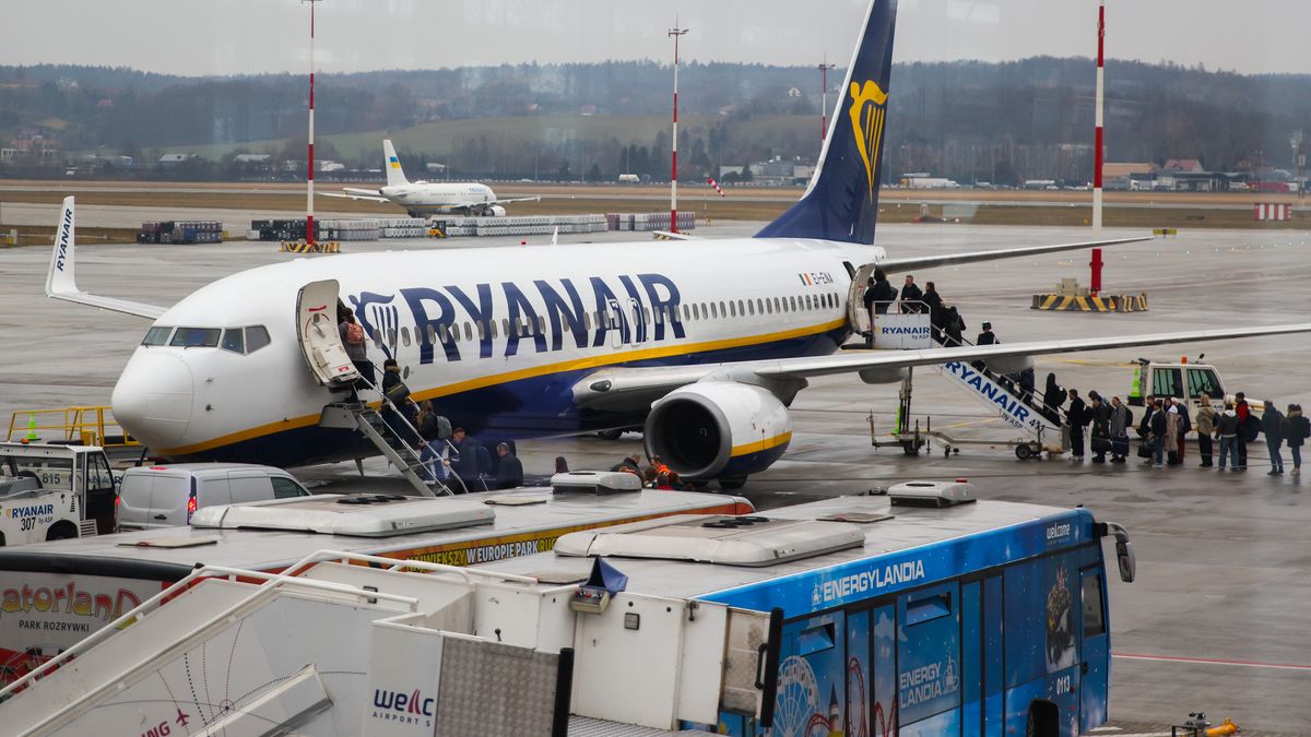Passengers are boarding Ryanair airplane at Krakow Airport in Balice near Krakow, Poland on March 11, 2025. (Photo by Beata Zawrzel/NurPhoto via Getty Images)
