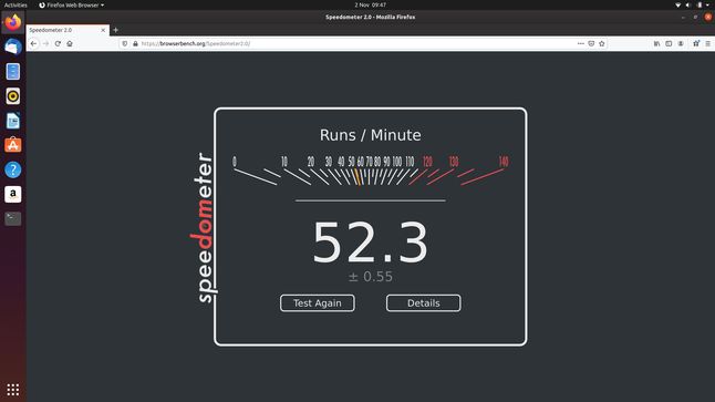 Ubuntu - Firefox - Speedometer - 52.3 punktów