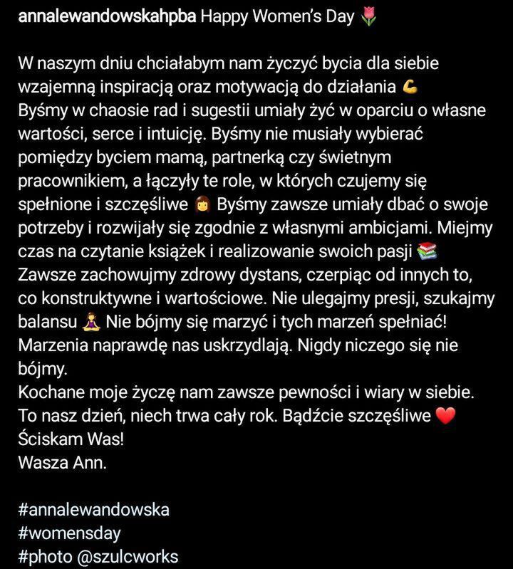 Anna Lewandowska składa życzenia na Dzień Kobiet