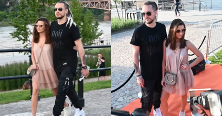 Objęci Julia Wieniawa i Baron spacerują nad Wisłą