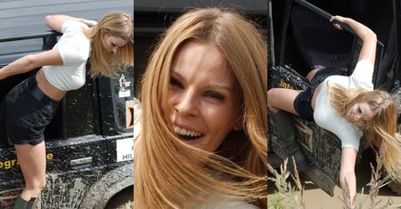 Gibka Małgorzata Tomaszewska śle uśmiechy z pola motocrossowego i zwisa z drzwi ubłoconego samochodu terenowego (ZDJĘCIA)