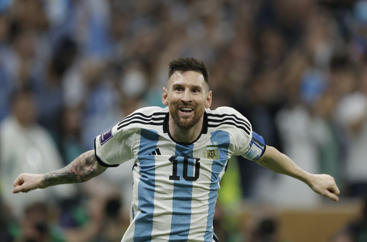 Lionel Messi is joyful after scoring the third goal against France in the World Cup final in Qatar (Photo by Tom Jenkins/Getty Images)